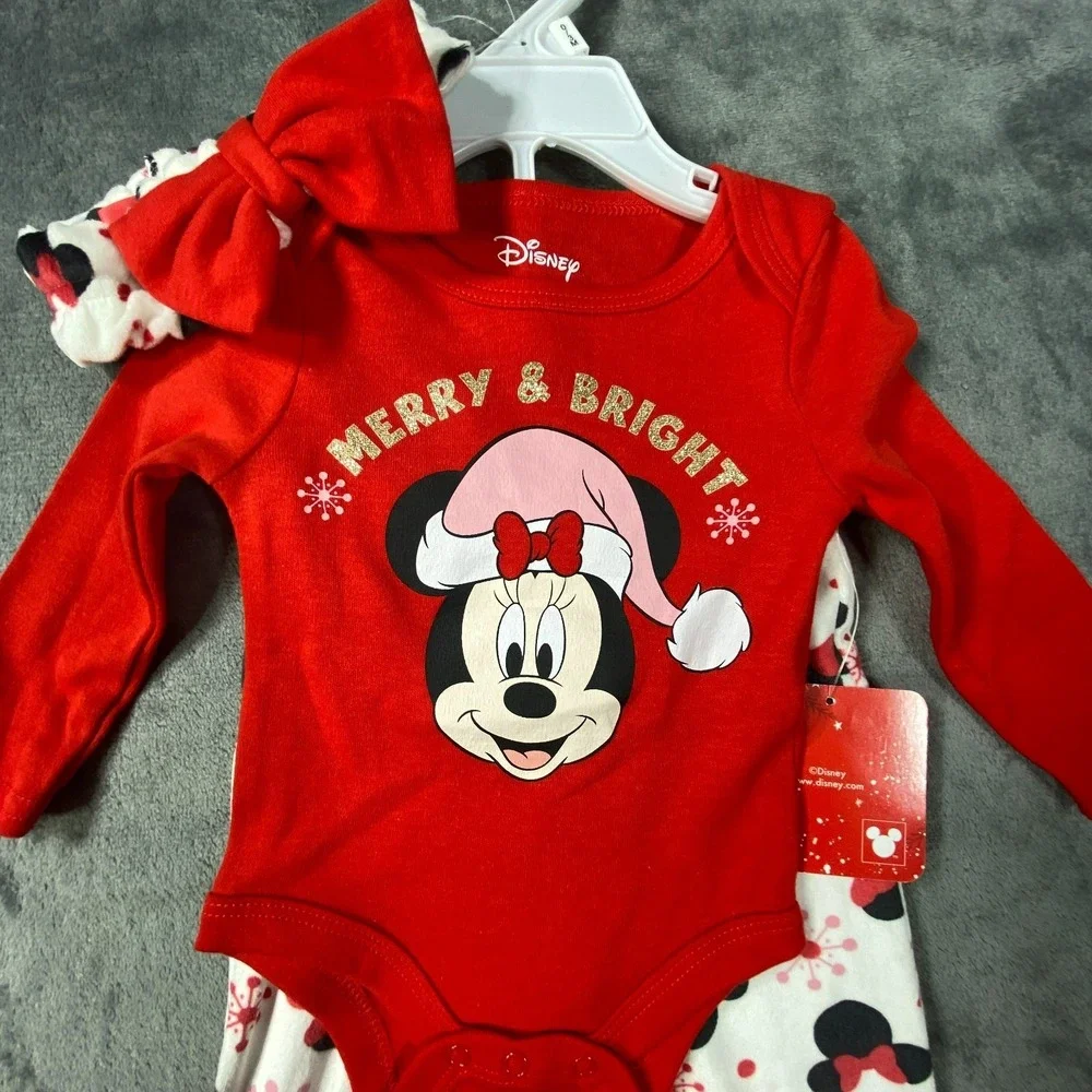 NWT Disney Baby‎ Girl Minnie Set 0-3 M Red Christmas Outfit Bodysuit Pants Bow